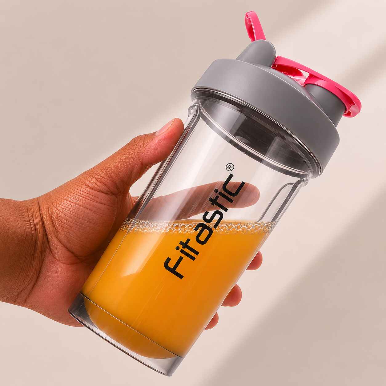 Fitastic Bolt Grey Transparent 500ml Shaker Bottle – Leak-Proof, BPA-Free, Clear Protein Shaker with Mixing Ball & Carrying Loop for Pre & Post Workout