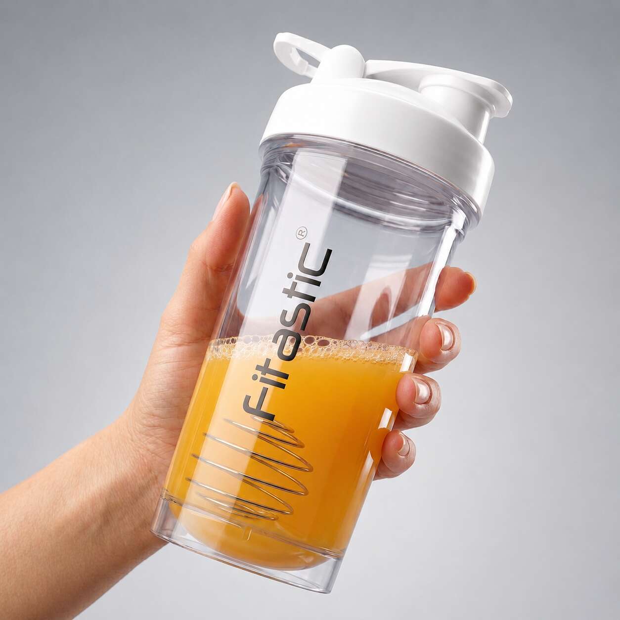 Fitastic Bolt White Transparent 500ml Shaker Bottle – Leak-Proof, BPA-Free, Clear Protein Shaker with Mixing Ball & Carrying Loop for Pre & Post Workout